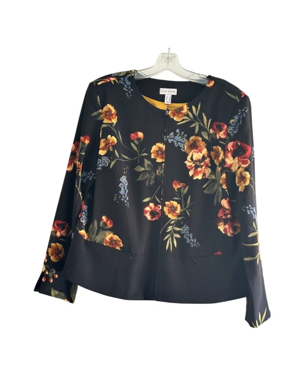 Susan Graver Size 12 Black Floral Lined Print Zipper Open Front Jacket EUC